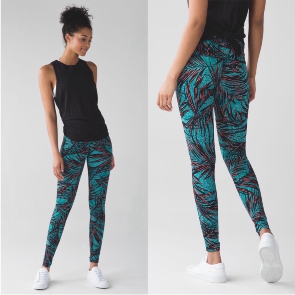 Lululemon Wunder Under Pant Hi-Rise Palm Lace Tofino Teal Multi Leggings Size 2